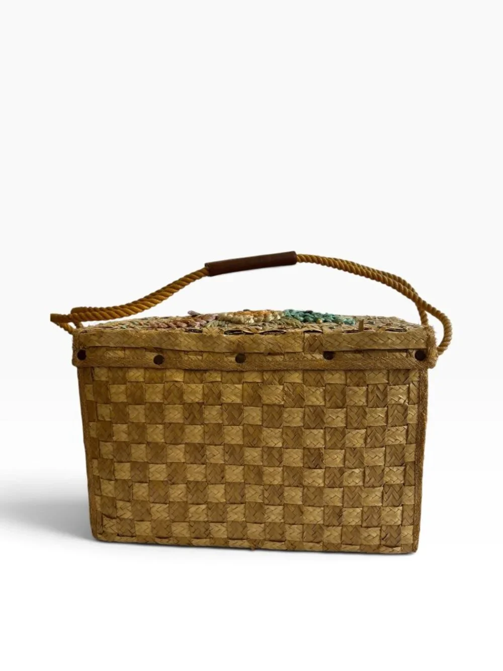 Vintage Woven Raffia Straw Floral Picnic Bag